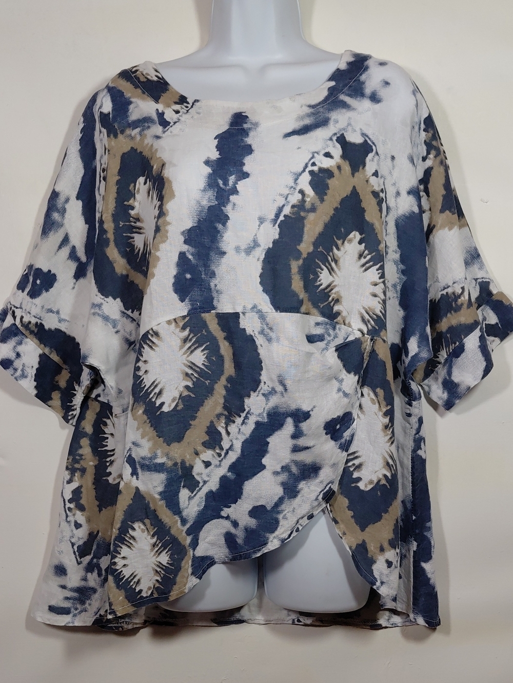 Tempo Paris Blue and Tan Tie-Dye Linen Blend Tunic Boho M/L